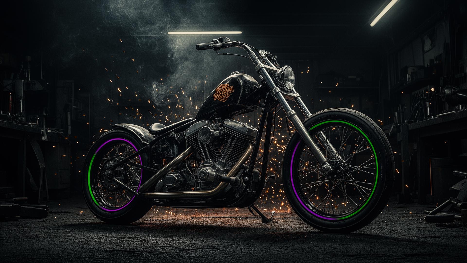 Custom Harley motorcycle in a dark workshop